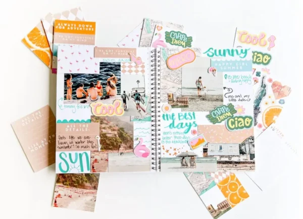 Journal spread with photos and journaling cards