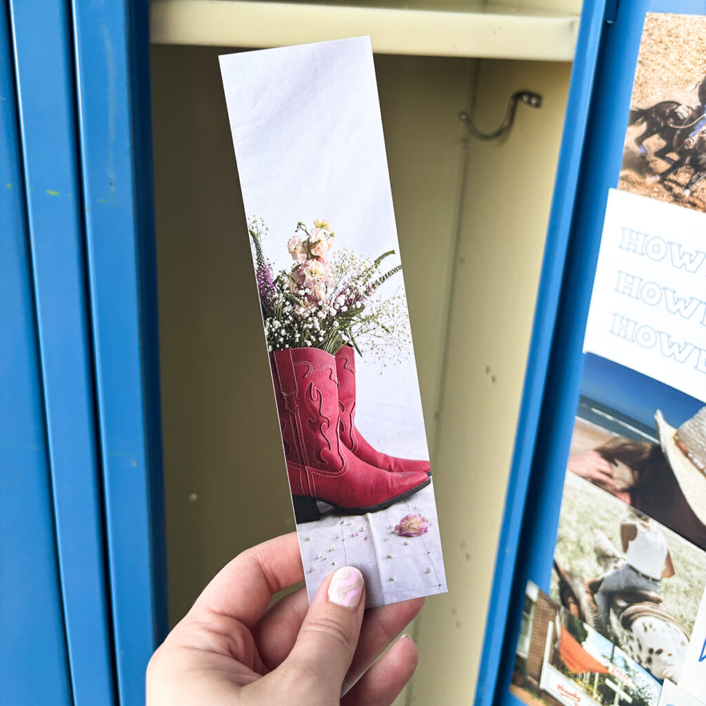 Photo bookmark of red cowboy boots with flowers