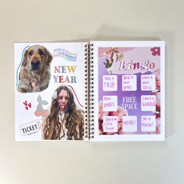 Junk journal page with mini prints and ephemera