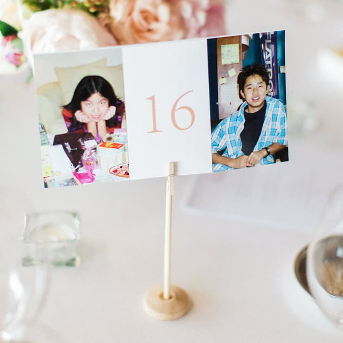 Wedding table numbers with photos of the couple