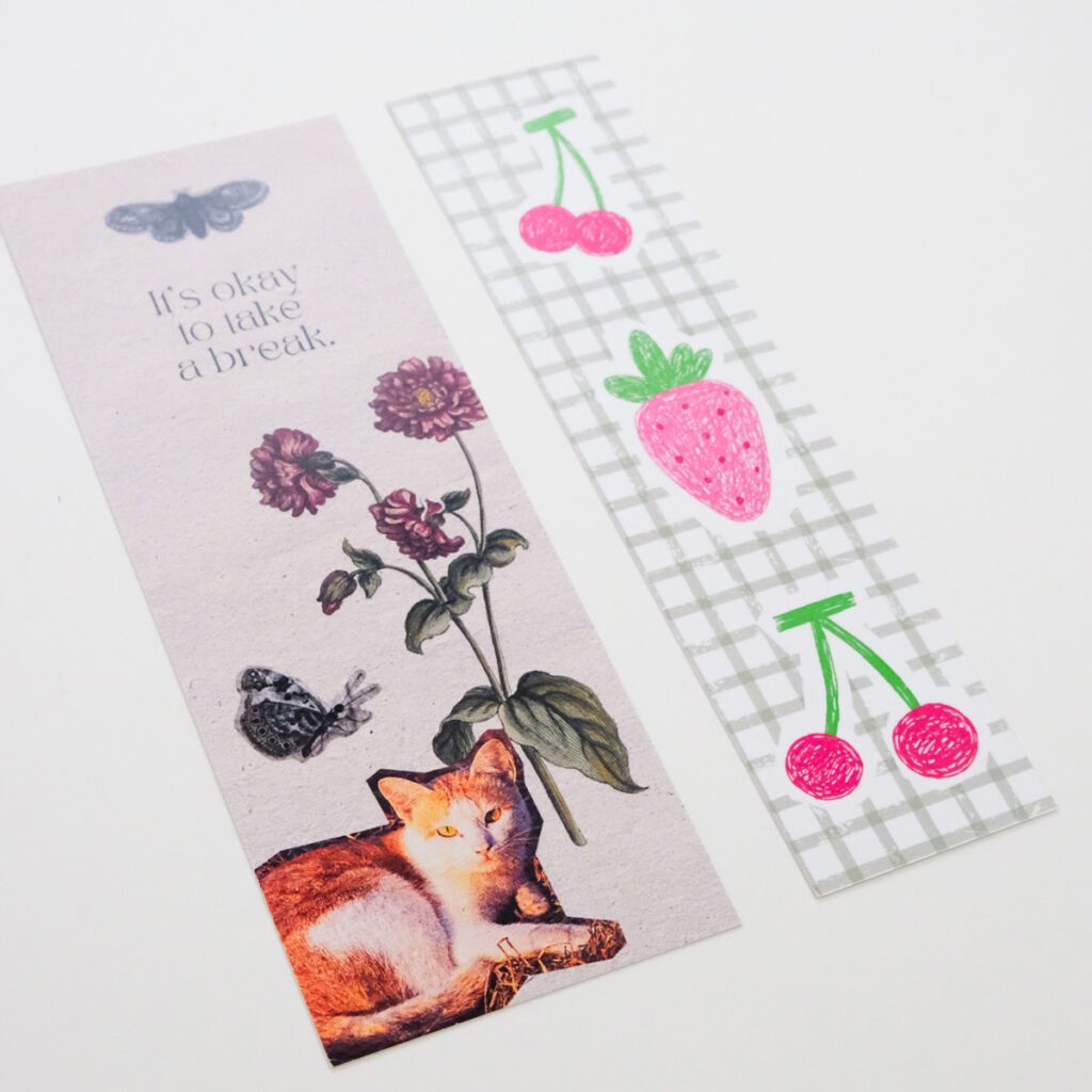 Bookmark that reads it's okay to take a break, with a cat and flowers