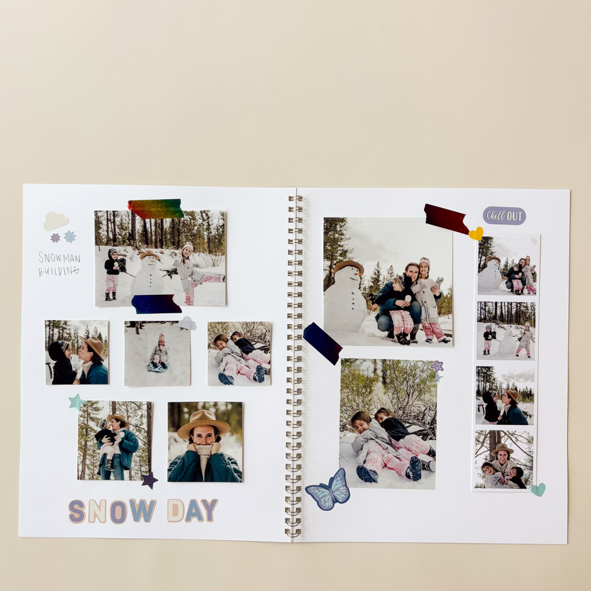 Snow day scrapbook pages filled with printed family photos